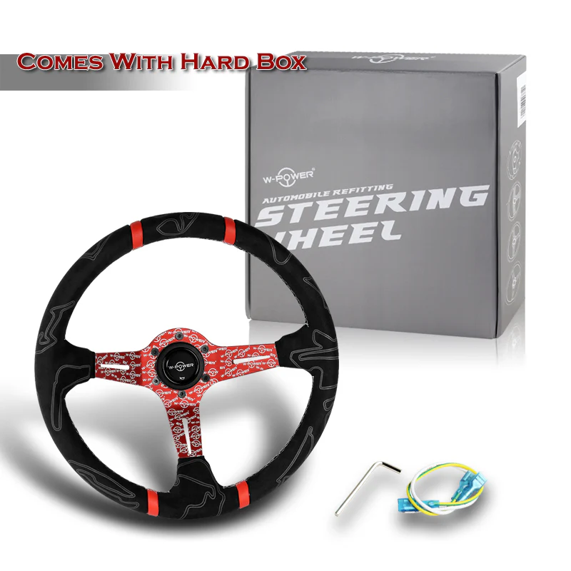 W-Power 350mm 14" Black Alcantara Grip Red Anodized 3-Spoke Double Red Center Stripes 4" Deep Dish Ultra Street Steering Wheel - Image 4