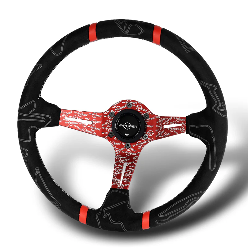 W-Power 350mm 14" Black Alcantara Grip Red Anodized 3-Spoke Double Red Center Stripes 4" Deep Dish Ultra Street Steering Wheel - Image 5