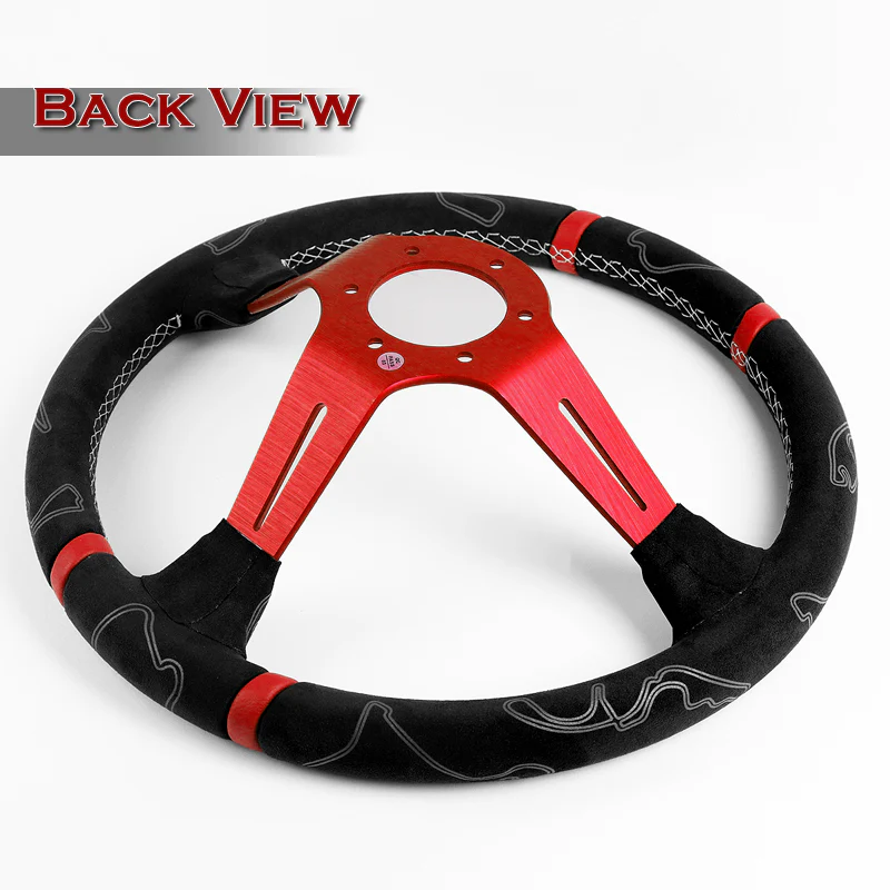 W-Power 350mm 14" Black Alcantara Grip Red Anodized 3-Spoke Double Red Center Stripes 4" Deep Dish Ultra Street Steering Wheel - Image 6