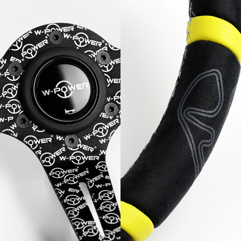 W-Power 350mm 14" Black Alcantara Grip Yellow Anodized 3-Spoke Double Yellow Center Stripes 4" Deep Dish Ultra Street Steering Wheel - Image 3