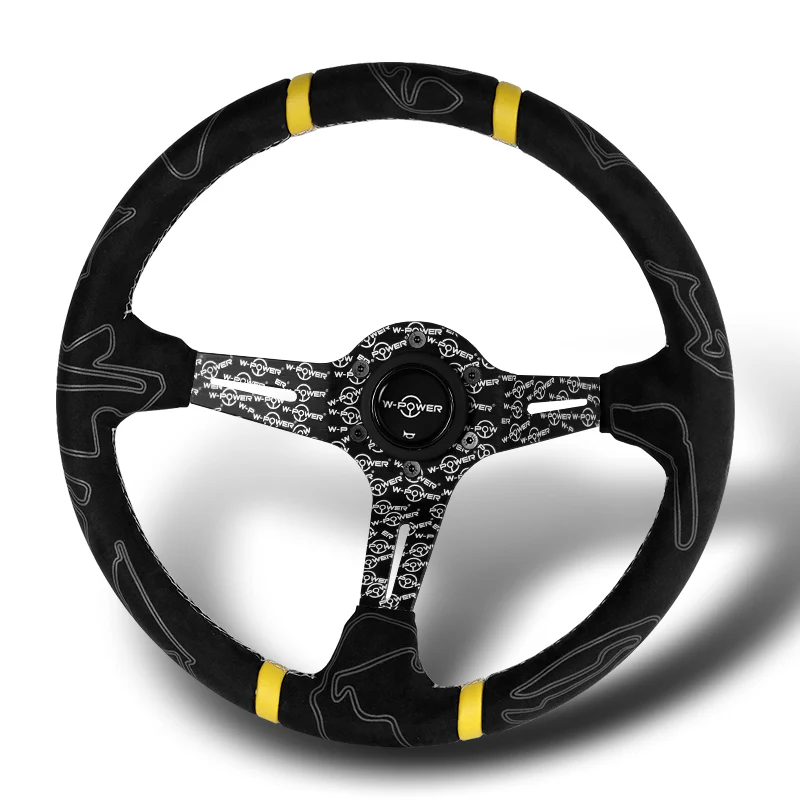 W-Power 350mm 14" Black Alcantara Grip Yellow Anodized 3-Spoke Double Yellow Center Stripes 4" Deep Dish Ultra Street Steering Wheel - Image 4