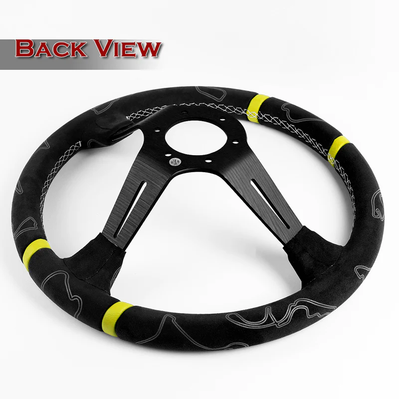 W-Power 350mm 14" Black Alcantara Grip Yellow Anodized 3-Spoke Double Yellow Center Stripes 4" Deep Dish Ultra Street Steering Wheel - Image 5
