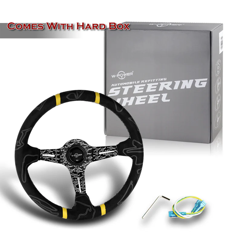 W-Power 350mm 14" Black Alcantara Grip Yellow Anodized 3-Spoke Double Yellow Center Stripes 4" Deep Dish Ultra Street Steering Wheel - Image 6