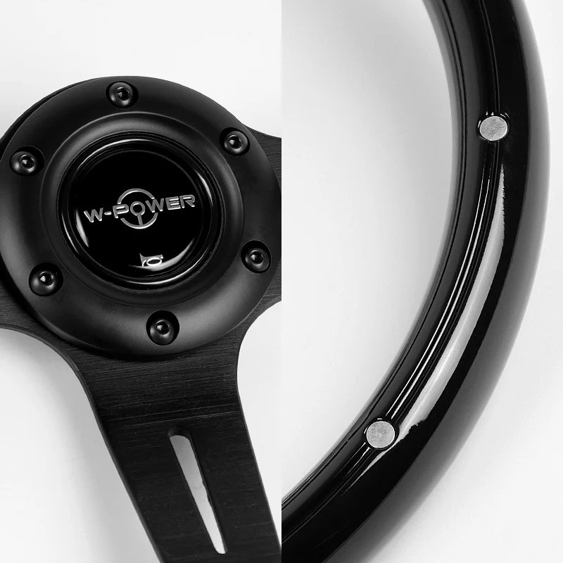 W-Power 14" 355mm 6-Bolt Hole Classic Style Galaxy Black Wood Grain Grip With Aluminum Finished 3-Spoke Steering Wheel -Black Center Spoke - Image 3