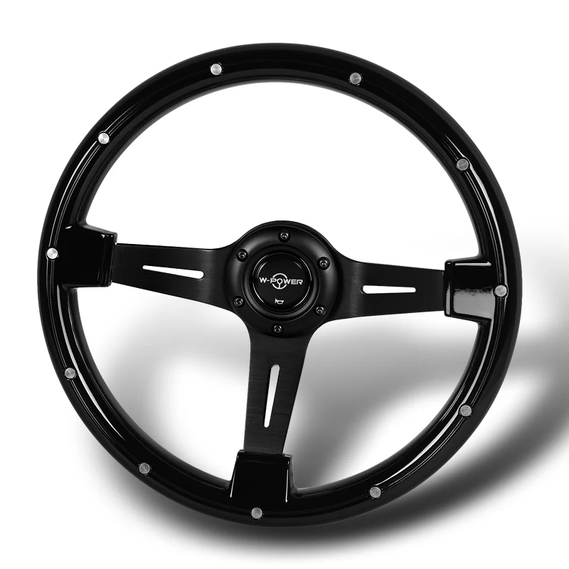 W-Power 14" 355mm 6-Bolt Hole Classic Style Galaxy Black Wood Grain Grip With Aluminum Finished 3-Spoke Steering Wheel -Black Center Spoke - Image 4