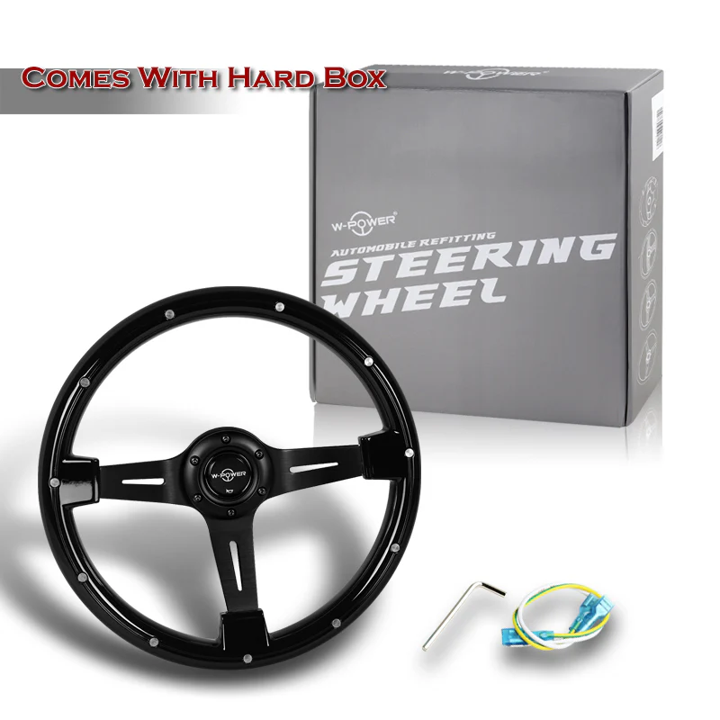 W-Power 14" 355mm 6-Bolt Hole Classic Style Galaxy Black Wood Grain Grip With Aluminum Finished 3-Spoke Steering Wheel -Black Center Spoke - Image 6