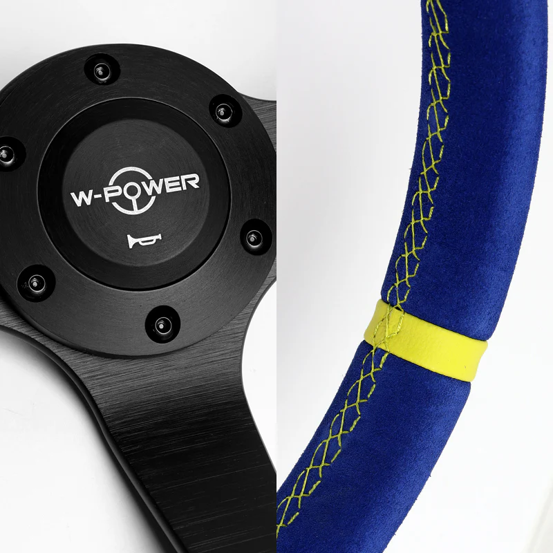 W-Power 350mm 14" Premium Blue Suede With Yellow Strip Grip Aluminum Finished 3-Spoke 4" Deep Dish JDM Euro VIP Style Steering Wheel -Blue Suede/Yellow Strip - Image 3