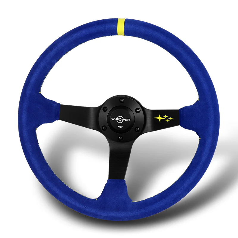 W-Power 350mm 14" Premium Blue Suede With Yellow Strip Grip Aluminum Finished 3-Spoke 4" Deep Dish JDM Euro VIP Style Steering Wheel -Blue Suede/Yellow Strip - Image 4