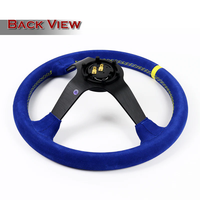W-Power 350mm 14" Premium Blue Suede With Yellow Strip Grip Aluminum Finished 3-Spoke 4" Deep Dish JDM Euro VIP Style Steering Wheel -Blue Suede/Yellow Strip - Image 5