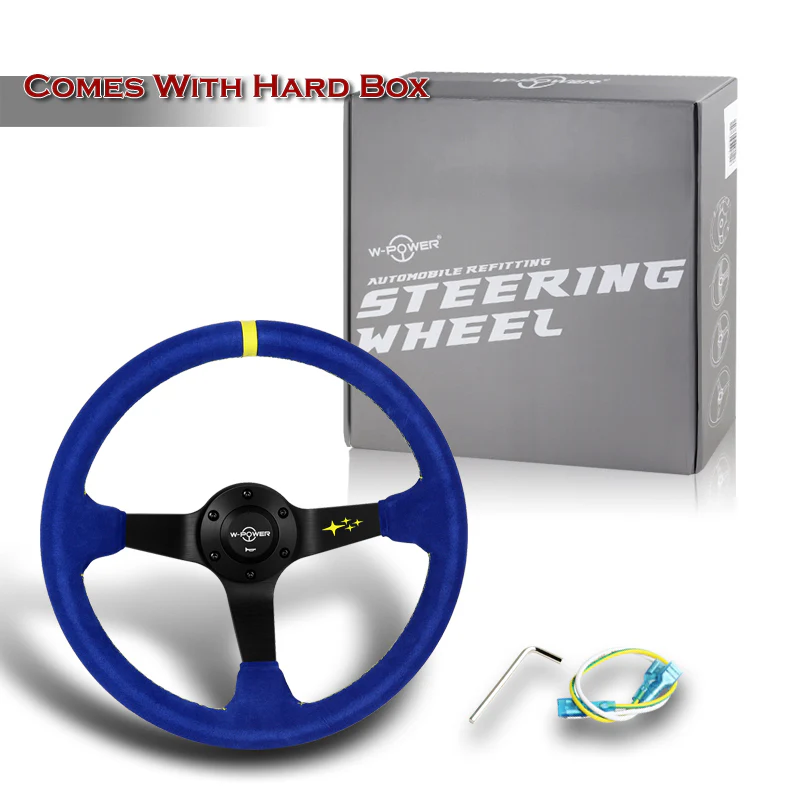 W-Power 350mm 14" Premium Blue Suede With Yellow Strip Grip Aluminum Finished 3-Spoke 4" Deep Dish JDM Euro VIP Style Steering Wheel -Blue Suede/Yellow Strip - Image 6
