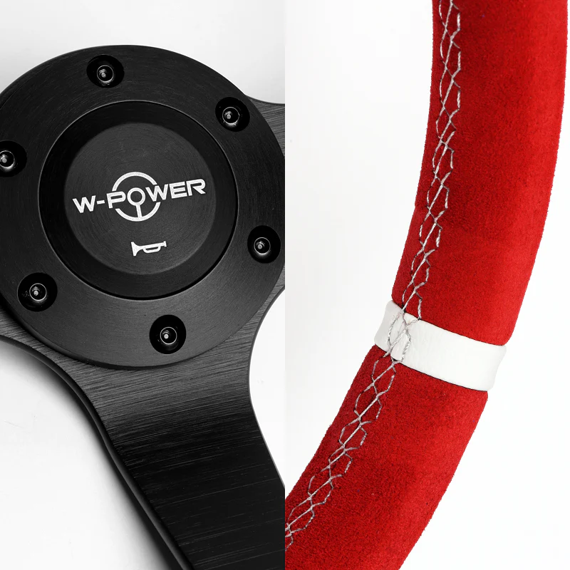 W-Power 350mm 14" Premium Red Suede With White Strip Grip Aluminum Finished 3-Spoke 4" Deep Dish JDM Euro VIP Style Steering Wheel -Red Suede/White Strip - Image 3