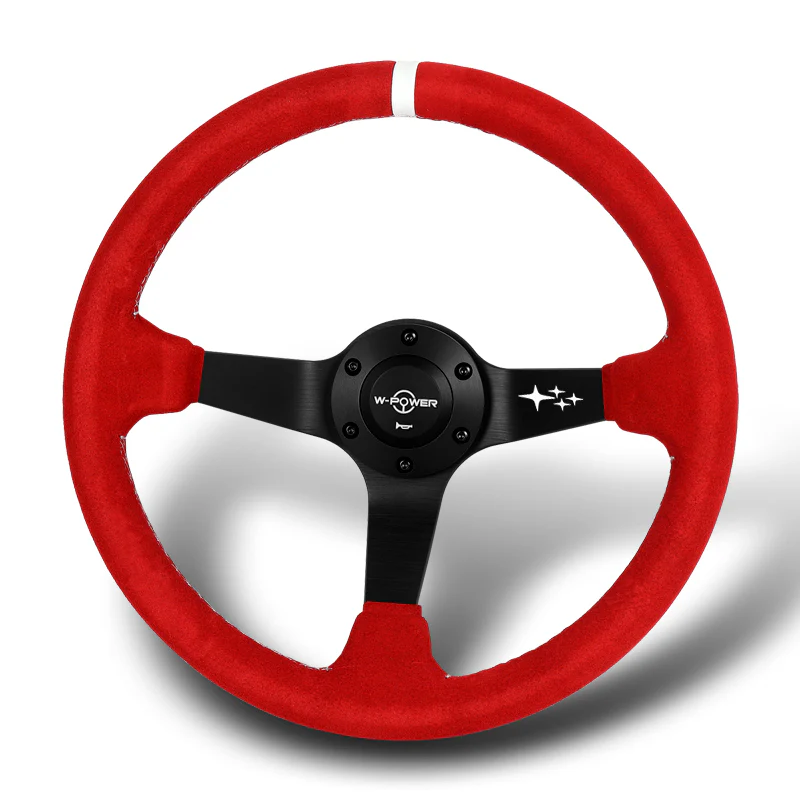 W-Power 350mm 14" Premium Red Suede With White Strip Grip Aluminum Finished 3-Spoke 4" Deep Dish JDM Euro VIP Style Steering Wheel -Red Suede/White Strip - Image 4