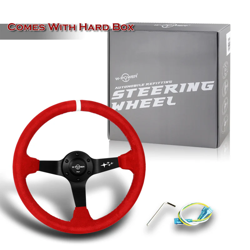 W-Power 350mm 14" Premium Red Suede With White Strip Grip Aluminum Finished 3-Spoke 4" Deep Dish JDM Euro VIP Style Steering Wheel -Red Suede/White Strip - Image 5