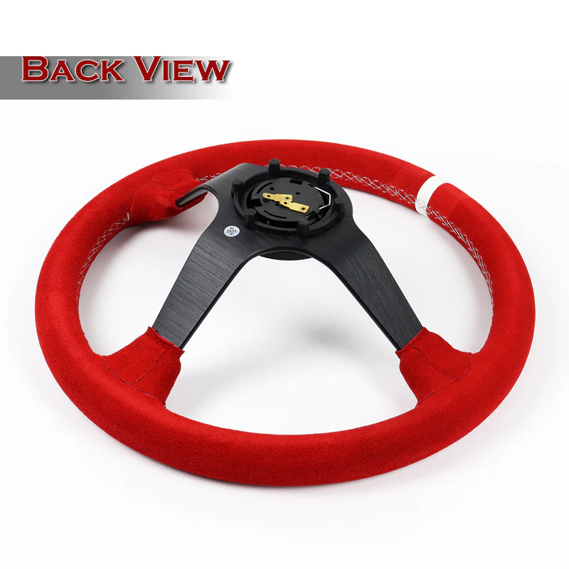 W-Power 350mm 14" Premium Red Suede With White Strip Grip Aluminum Finished 3-Spoke 4" Deep Dish JDM Euro VIP Style Steering Wheel -Red Suede/White Strip - Image 6