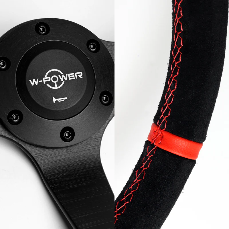 W-Power 350mm 14" Premium Suede With Red Strip Grip Aluminum Finished 3-Spoke 4" Deep Dish JDM Euro VIP Style Steering Wheel -Black Suede/Red Strip - Image 3
