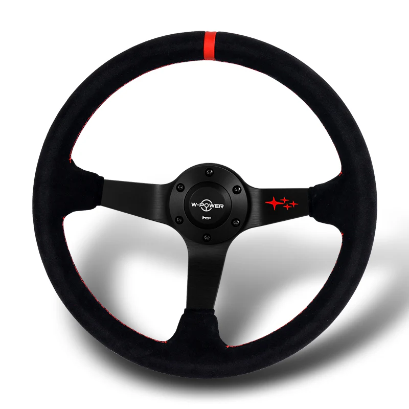 W-Power 350mm 14" Premium Suede With Red Strip Grip Aluminum Finished 3-Spoke 4" Deep Dish JDM Euro VIP Style Steering Wheel -Black Suede/Red Strip - Image 4