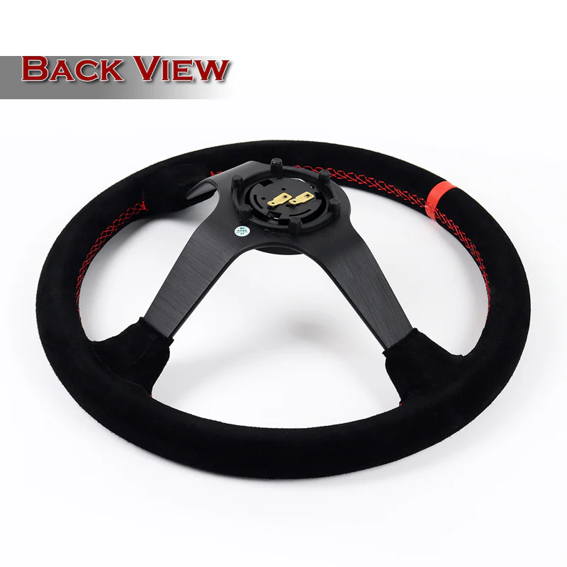 W-Power 350mm 14" Premium Suede With Red Strip Grip Aluminum Finished 3-Spoke 4" Deep Dish JDM Euro VIP Style Steering Wheel -Black Suede/Red Strip - Image 5