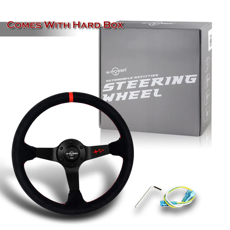 W-Power 350mm 14" Premium Suede With Red Strip Grip Aluminum Finished 3-Spoke 4" Deep Dish JDM Euro VIP Style Steering Wheel -Black Suede/Red Strip - Image 6