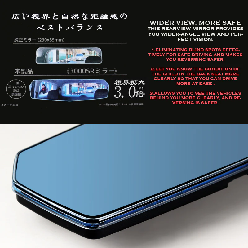 W-Power 400mm Wide Universal Interior Clip On Largest Visibility Panoramic Rear View Mirror -Blue Tint Flat - Image 2