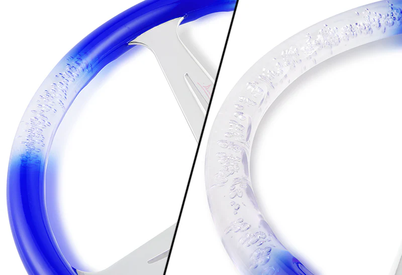 W-Power JDM Euro VIP Style 350mm 6-Bolt Hole Blue / Clear Diamond Crystal Bubble Grip With Aluminum Finished Silver 3-Spoke Steering Wheel - Image 2