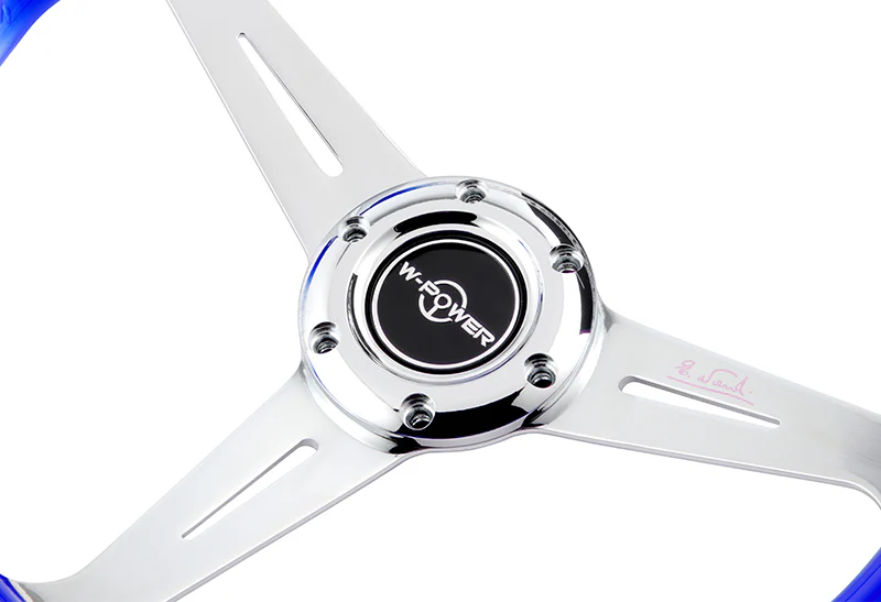 W-Power JDM Euro VIP Style 350mm 6-Bolt Hole Blue / Clear Diamond Crystal Bubble Grip With Aluminum Finished Silver 3-Spoke Steering Wheel - Image 3
