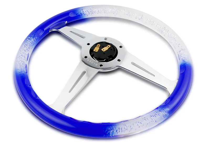W-Power JDM Euro VIP Style 350mm 6-Bolt Hole Blue / Clear Diamond Crystal Bubble Grip With Aluminum Finished Silver 3-Spoke Steering Wheel - Image 4