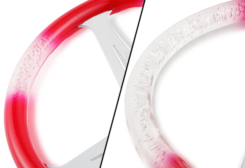 W-Power JDM Euro VIP Style 350mm 6-Bolt Hole Red / Clear Diamond Crystal Bubble Grip With Aluminum Finished Silver 3-Spoke Steering Wheel - Image 2