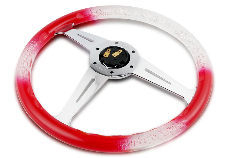 W-Power JDM Euro VIP Style 350mm 6-Bolt Hole Red / Clear Diamond Crystal Bubble Grip With Aluminum Finished Silver 3-Spoke Steering Wheel - Image 4
