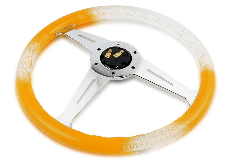 W-Power JDM Euro VIP Style 350mm 6-Bolt Hole Yellow / Clear Diamond Crystal Bubble Grip With Aluminum Finished Silver 3-Spoke Steering Wheel - Image 4
