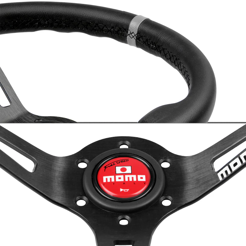 White Line 350mm MOMO Racing Steering Wheel Microfiber Leather with MOMO Horn Button - Image 4
